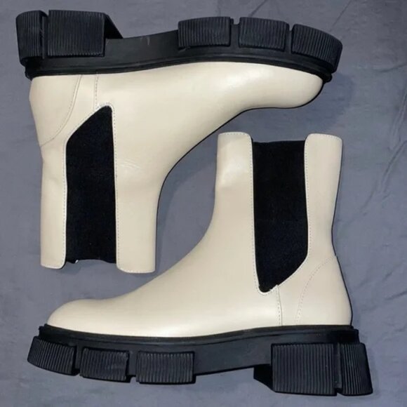 Zara Ecru Slip-On Lug Sole Leather Combat Chelsea Boots - Picture 4 of 9